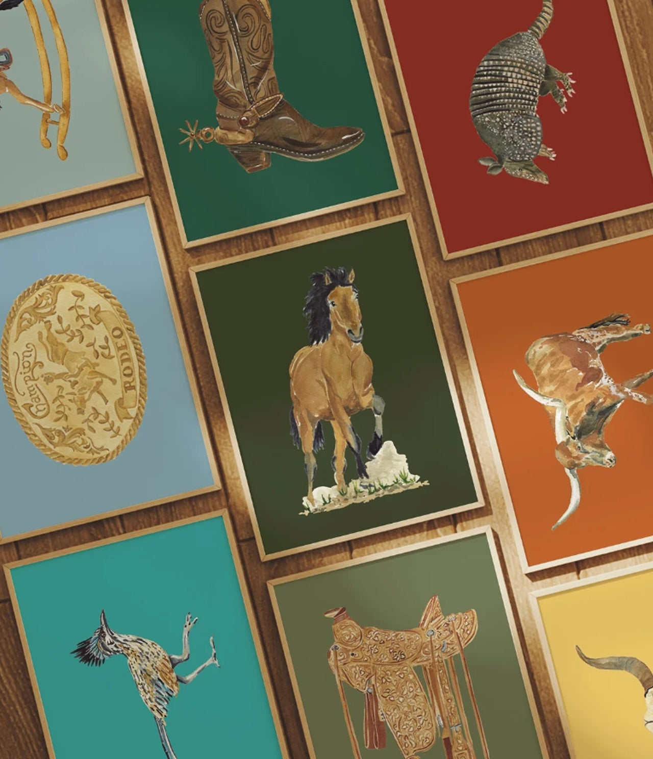 Fabric with cowboy-themed designs including boots, horses artprints
